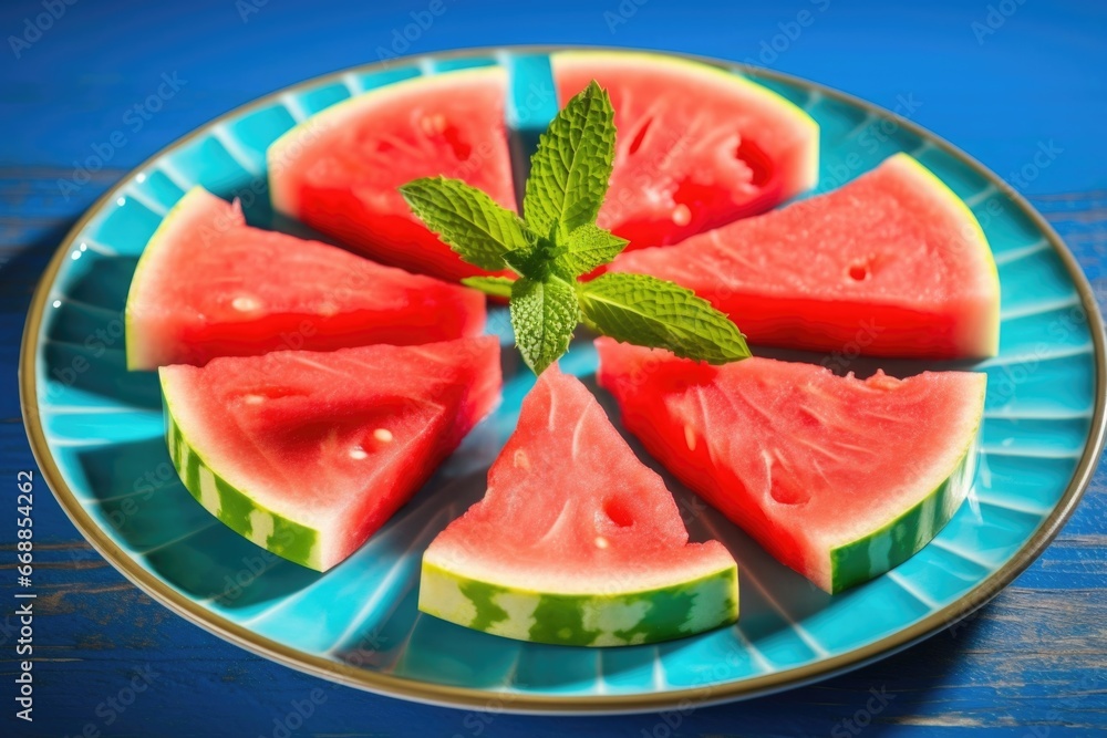 watermelon slices with mint leaves on a blue platter watermelon slices with mint leaves on a blue platter