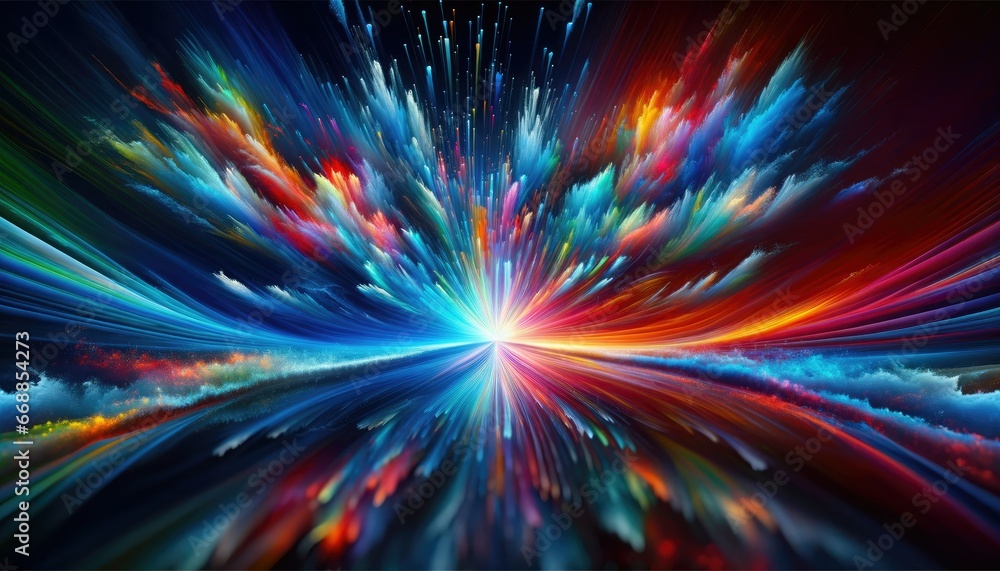 A vivid explosion of digital colors radiates from a central point, symbolizing the burst of technology and innovation. Multicolored streaks represent data transmission in a dynamic cyber universe.