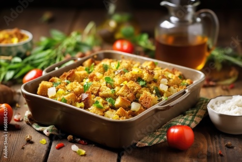 cornbread stuffing displayed on a rustic table