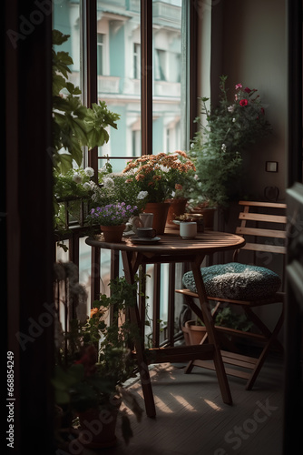 Beautiful decorated city terrace with table and decorative plants