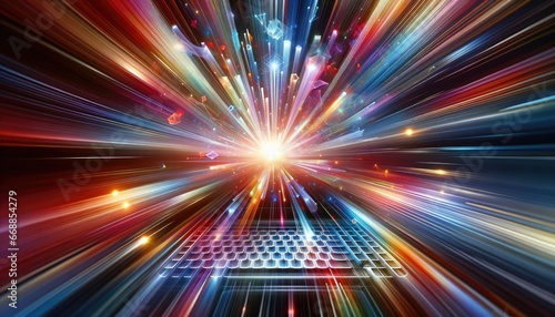 A radiant burst of colorful light emanates from a digital epicenter  signifying rapid data transfer. Luminous geometrical shapes hover above a keyboard  capturing the essence of cutting-edge technolog