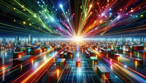A vibrant technoscape unfolds as radiant data beams converge over a futuristic city. Glowing shipping containers dot the landscape, symbolizing the nexus of trade and digital evolution.