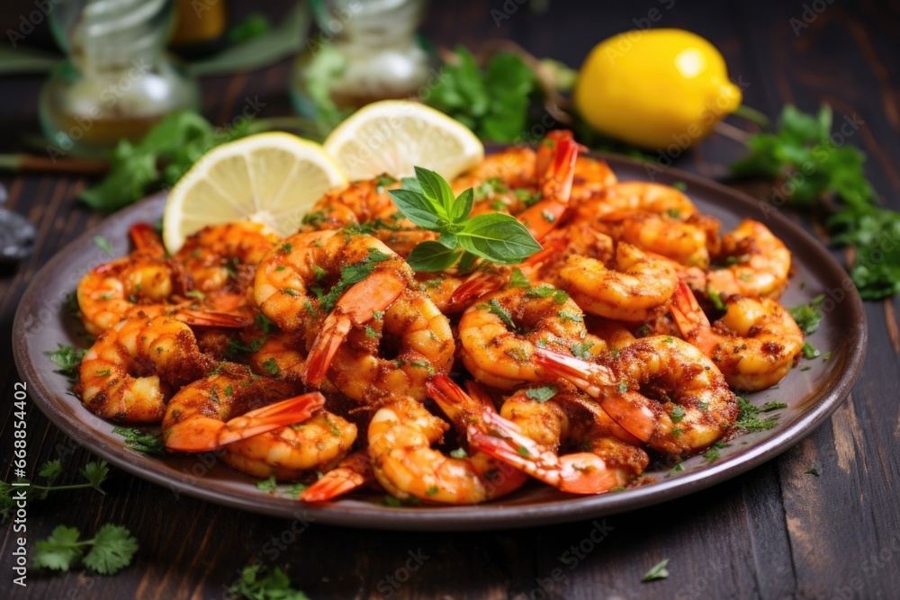 bbq spiced shrimps garnished with fresh herbs bbq spiced shrimps garnished with fresh herbs