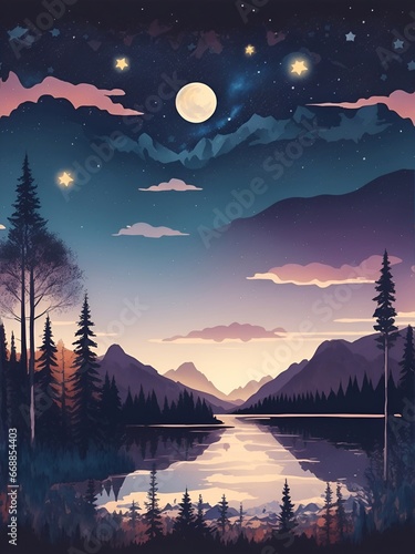 Beautiful night highland lake landscape. Spring meadow. AI generated illustration