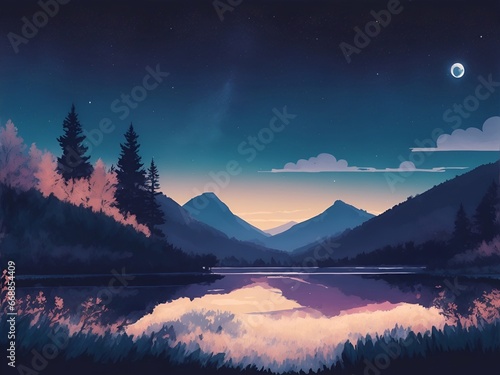 Beautiful night highland lake landscape. Spring meadow. AI generated illustration