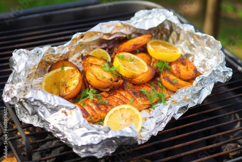 bbq spiced shrimp in aluminum foil on grill photo