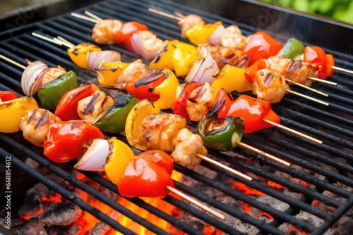 shrimps on skewers over hot bbq grill