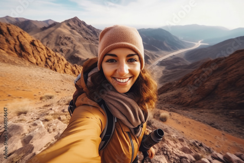 Young arab hiker woman taking a selfie portrait on the top of a mountain. Happy young athletic woman on adventure, taking a photo with beautiful view © Katrin Kovac