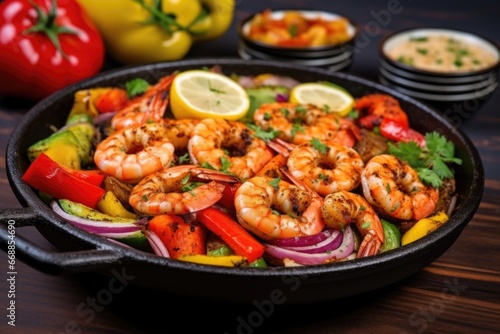 bbq spiced shrimps with assorted colorful vegetables