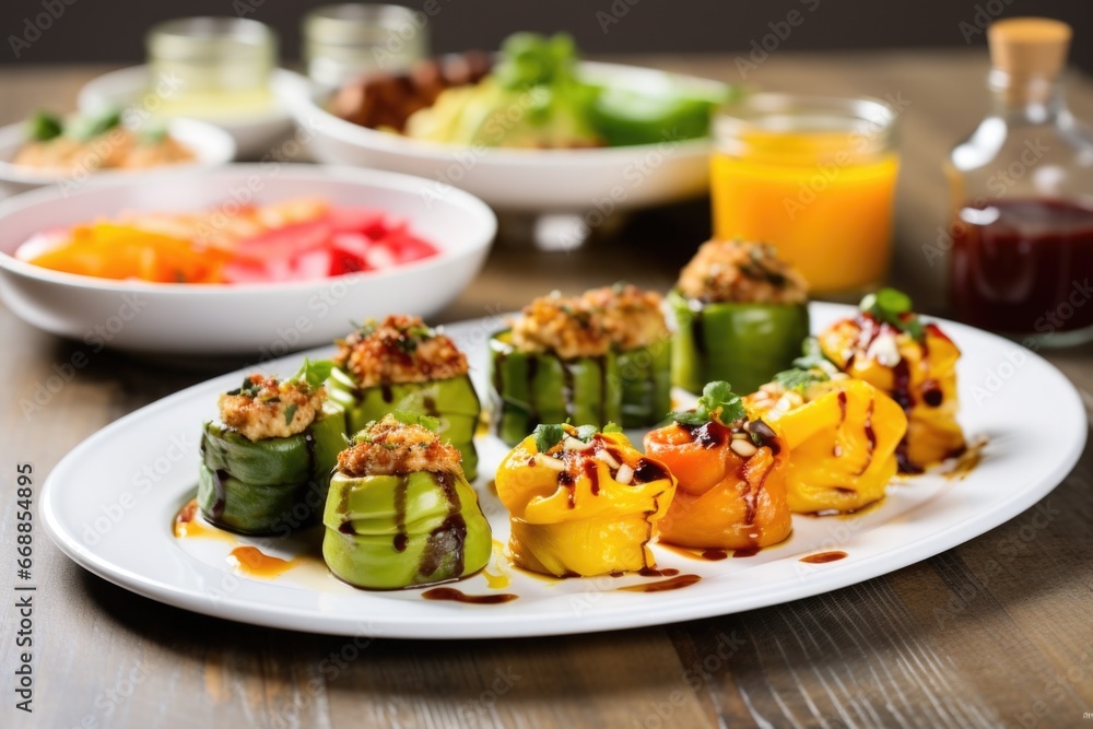 bbq stuffed bell peppers on white plates with dipping sauces