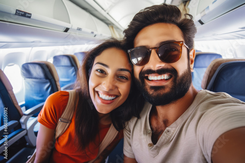 Happy indian tourist couple taking a selfie inside an airplane. Positive young couple on a vacation taking a selfie in a plane before takeoff.