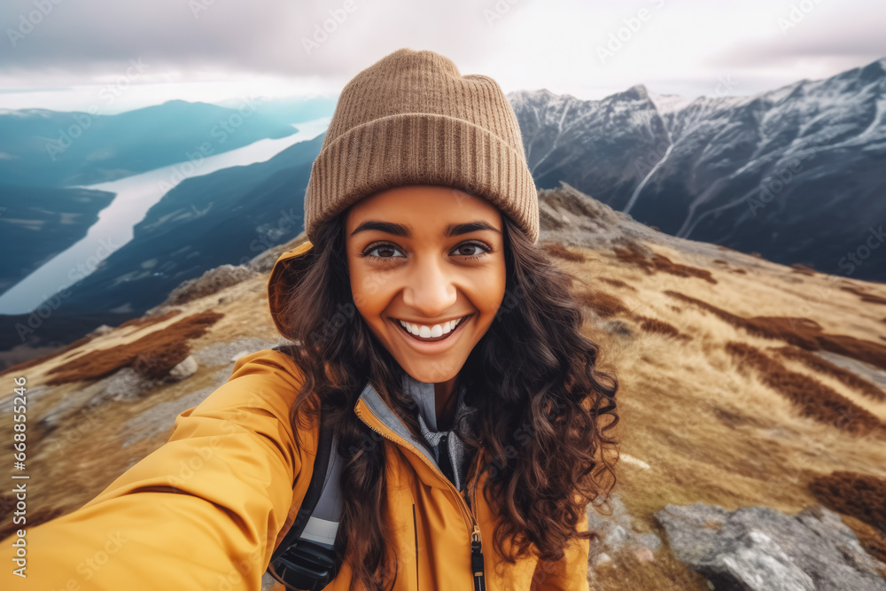 Young indian hiker woman taking a selfie portrait on the top of mountain. Happy young athletic woman on adventure, taking a photo with beautiful view