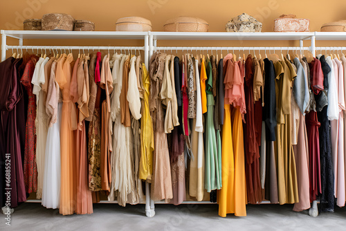 Female wardrobe filled with assortment of different clothes © Elena
