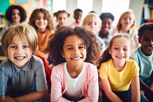 crowd of joyful children in the schoolyard, the joy of good studies, school as a pleasant environment for development