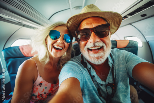 Happy older tourist couple taking a selfie inside an airplane. Positive elderly couple on a vacation taking a selfie in a plane before takeoff. © Katrin Kovac
