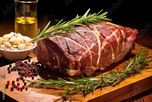 close-up shot of succulent beef roast with scattered garlic cloves and rosemary around