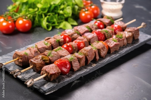grilled beef skewers arranged in a pattern on a stone platter
