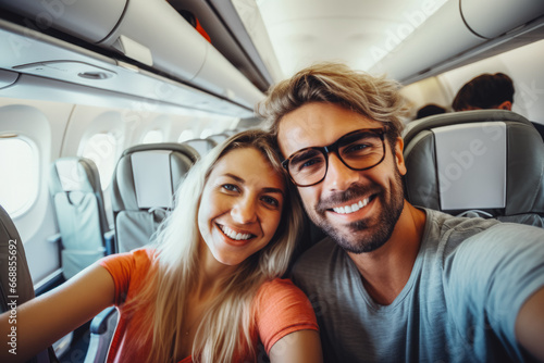 Happy scandinavian tourist couple taking a selfie inside an airplane. Positive young couple on a vacation taking a selfie in a plane before takeoff.