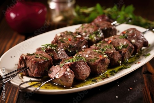 beef skewers with a sprinkle of fresh herbs