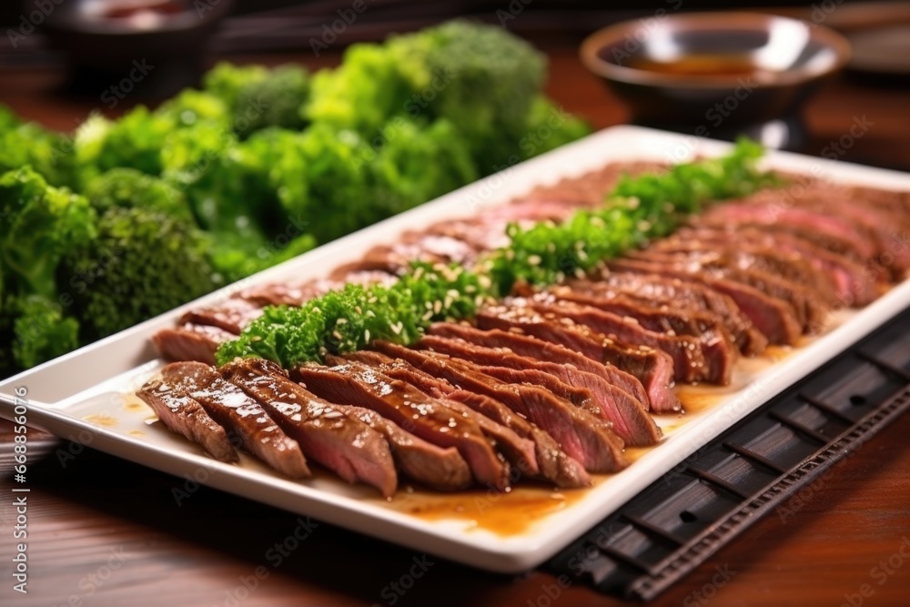 arranging beef teriyaki with greens on a dish