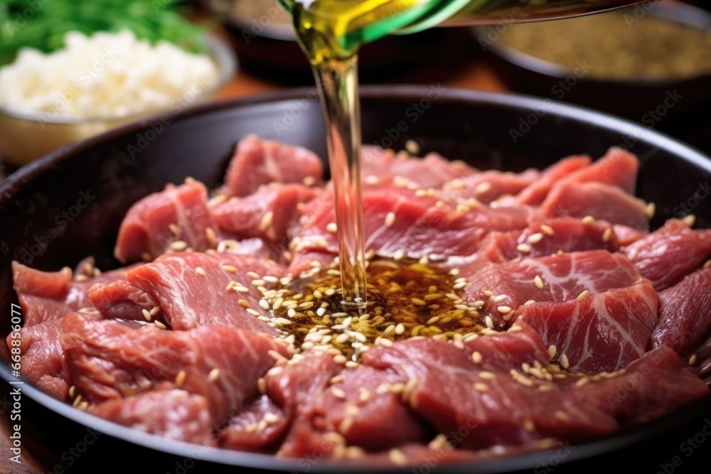 stirring sliced beef in teriyaki marinade