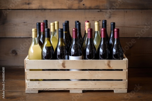 mixed case of wine bottles in a rustic wooden crate photo