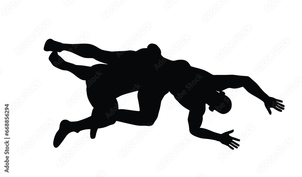 Wrestlers match competition, sports man wrestling vector silhouette illustration isolated on white. Gymnastic martial art. Fighter self defense skills. Wrestler game duel Greek Roman style of fight. Wrestlers match competition, sports man wrestling vector silhouette illustration isolated on white. Gymnastic martial art. Fighter self defense skills. Wrestler game duel Greek Roman style of fight.
