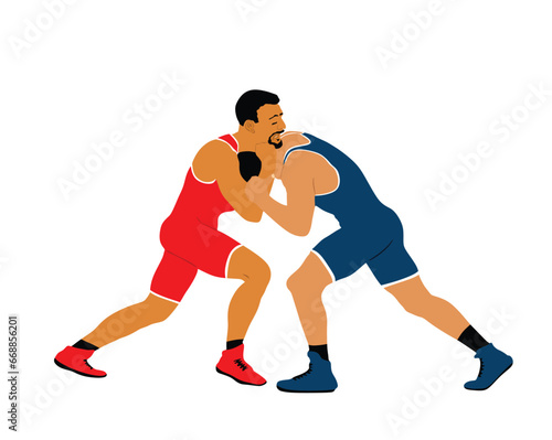 Wrestlers match competition, sports man wrestling vector illustration isolated on white. Gymnastic martial art. Fighter self defense skills. Wrestler game duel Greek Roman style of fight boy practice. © dovla982