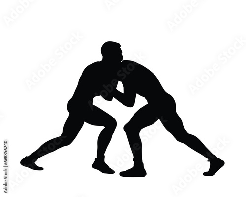 Wrestlers match competition, sports man wrestling vector silhouette illustration isolated on white. Gymnastic martial art. Fighter self defense skills. Wrestler game duel Greek Roman style of fight.