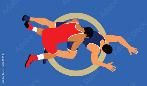 Wrestlers match competition, sports man wrestling vector illustration isolated. Gymnastic martial art. Fighter self defense skills. Wrestler game duel Greek Roman style of fight boy practice.