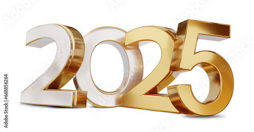 golden silver new year 2025 symbol isolated, metallic glossy luxury, bold letters, number, year