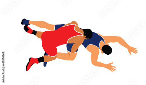 Wrestlers match competition, sports man wrestling vector illustration isolated on white. Gymnastic martial art. Fighter self defense skills. Wrestler game duel Greek Roman style of fight boy practice.