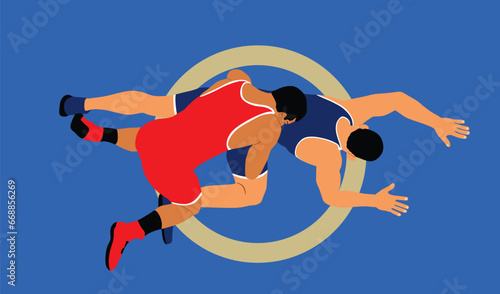 Wrestlers match competition, sports man wrestling vector illustration isolated. Gymnastic martial art. Fighter self defense skills. Wrestler game duel Greek Roman style of fight boy practice.
