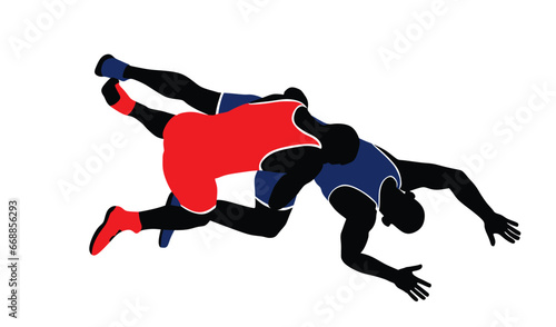 Wrestlers match competition, sports man wrestling vector silhouette illustration isolated on white. Gymnastic martial art. Fighter self defense skills. Wrestler game duel Greek Roman style of fight.