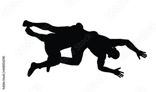 Wrestlers match competition, sports man wrestling vector silhouette illustration isolated on white. Gymnastic martial art. Fighter self defense skills. Wrestler game duel Greek Roman style of fight.