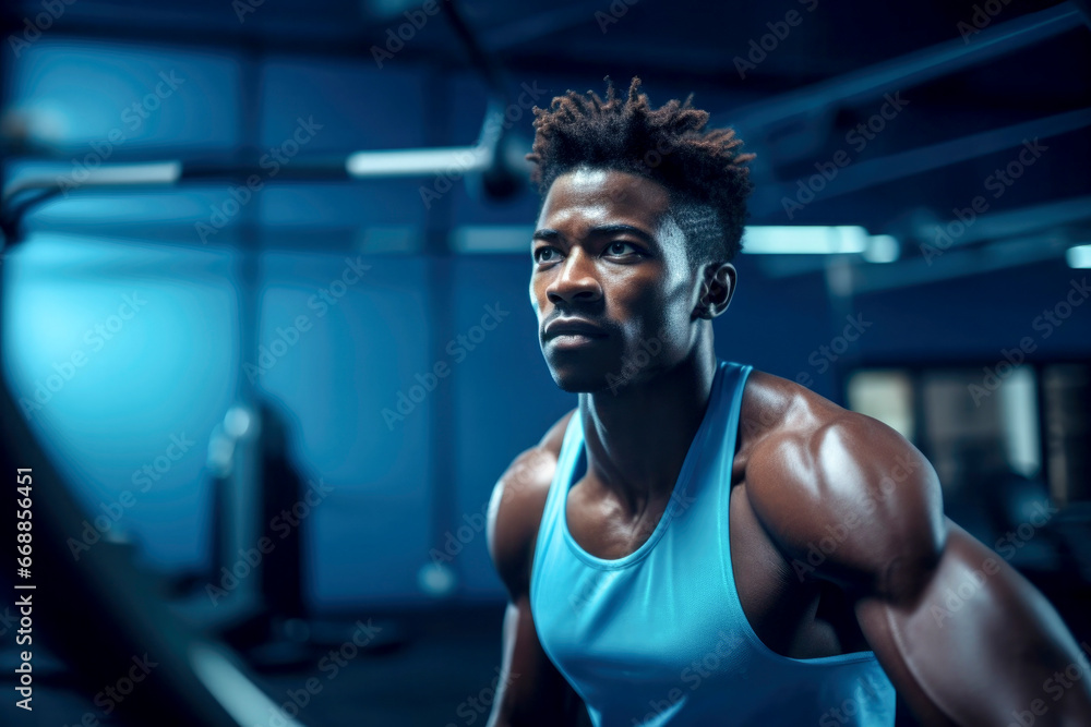 blue light photo of a young African-American gym instructor