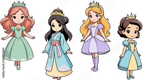 Stylish vector set of cute princesses