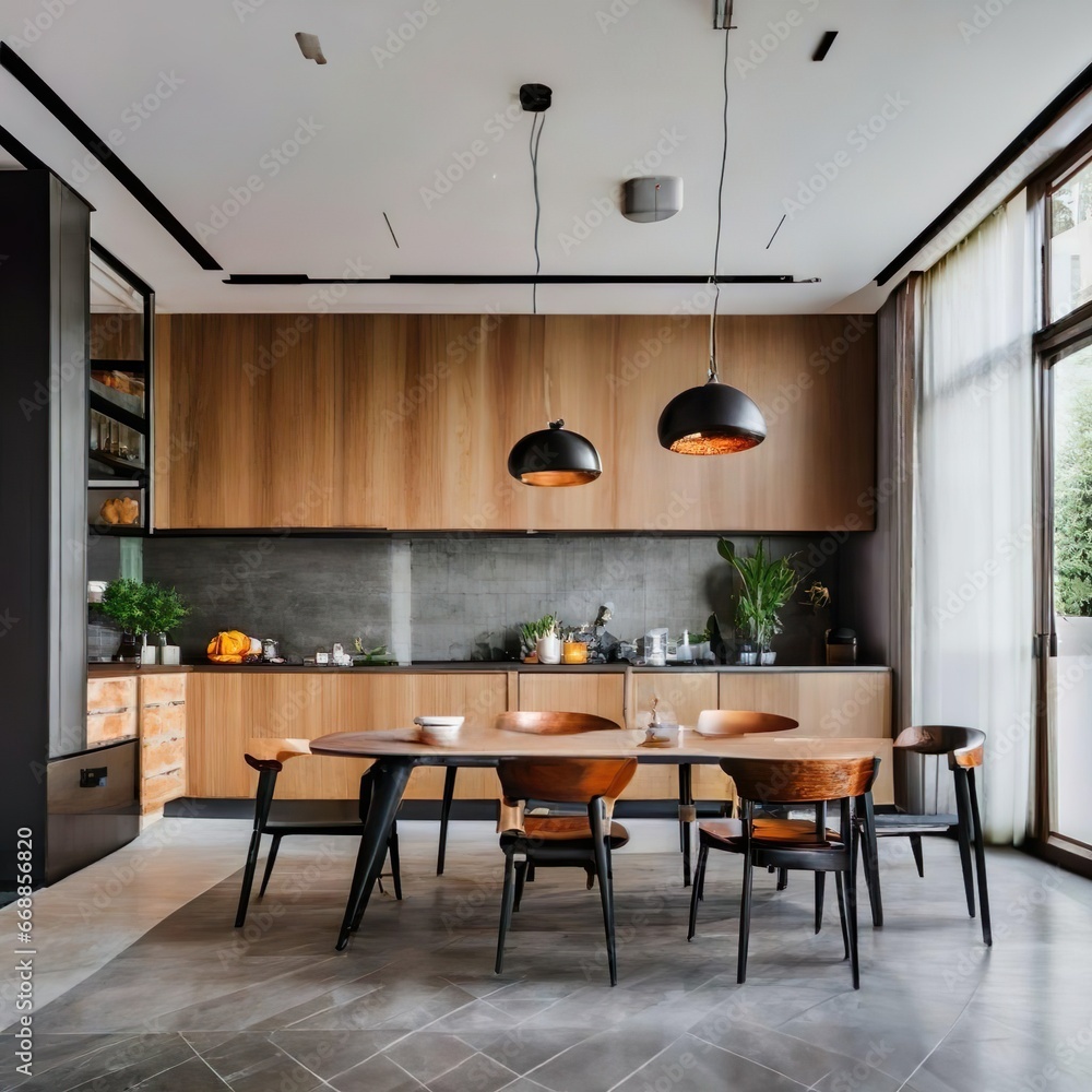 large kitchen room with modern interior design with wood table and chairs for home against the background a dark classic wall - Generative AI large kitchen room with modern interior design with wood table and chairs for home against the background a dark classic wall - Generative AI