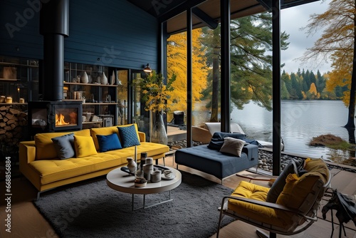 Yellow chair and blue sofa in room with fireplace. Scandinavian home interior design of modern living room in house by lake.