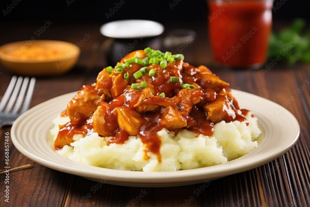 delicious bourbon chicken on top of mashed potatoes delicious bourbon chicken on top of mashed potatoes