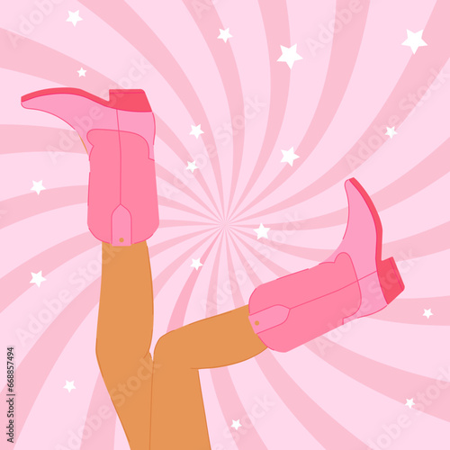 Retro pink cowboy boots on the legs of a girl on a pink background, retro poster. Vector illustration.