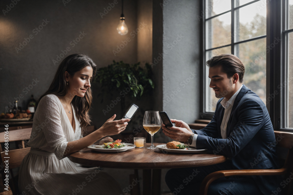 Young couple during romantic dinner in a restaurant, both watching their cell phones