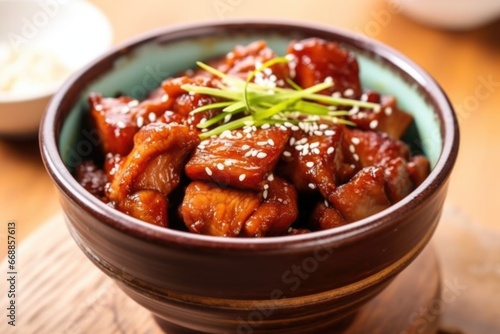 gleaming porcelain bowl filled with juicy bbq pork, top view