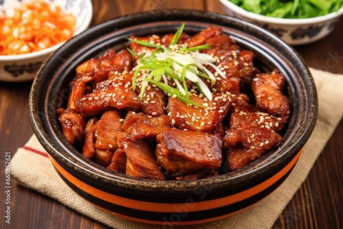 gleaming porcelain bowl filled with juicy bbq pork, top view