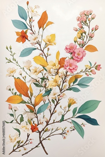 colorful leaves and flowers on plant branch