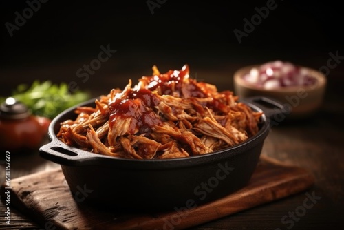 bbq pulled pork in a rustic bowl on a dark background