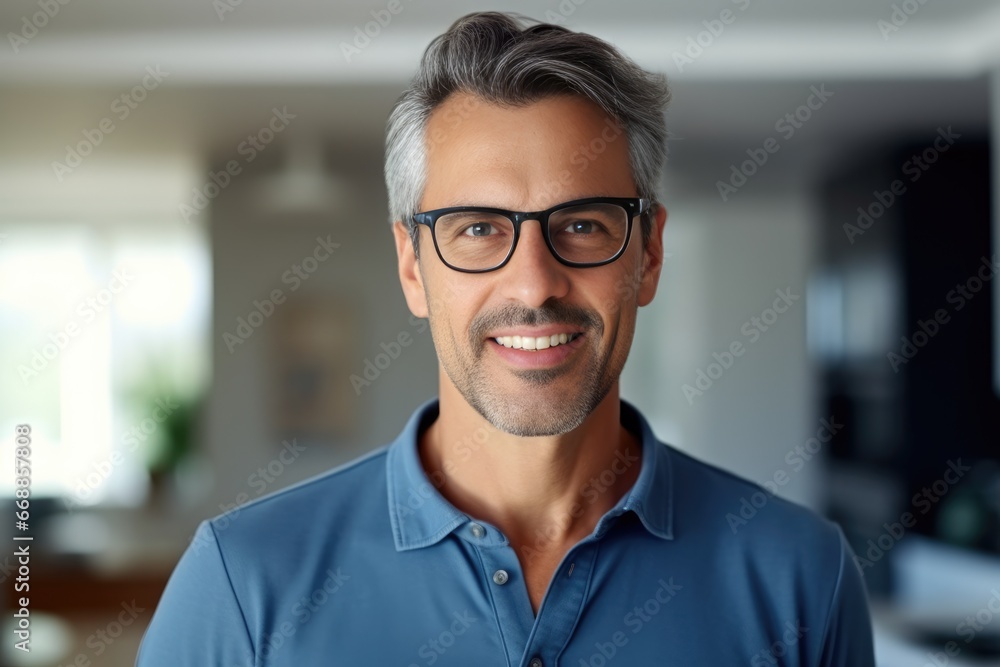 smiling Middle-aged guy with eyeglasses and blue shirt at home smiling Middle-aged guy with eyeglasses and blue shirt at home