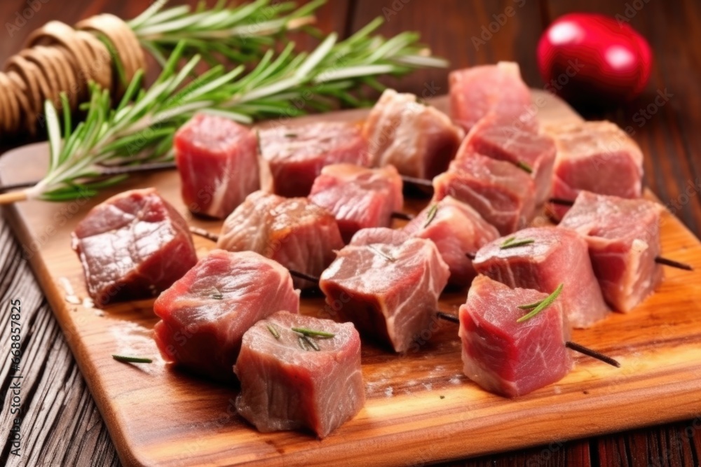 skewered lamb cubes with rosemary on board
