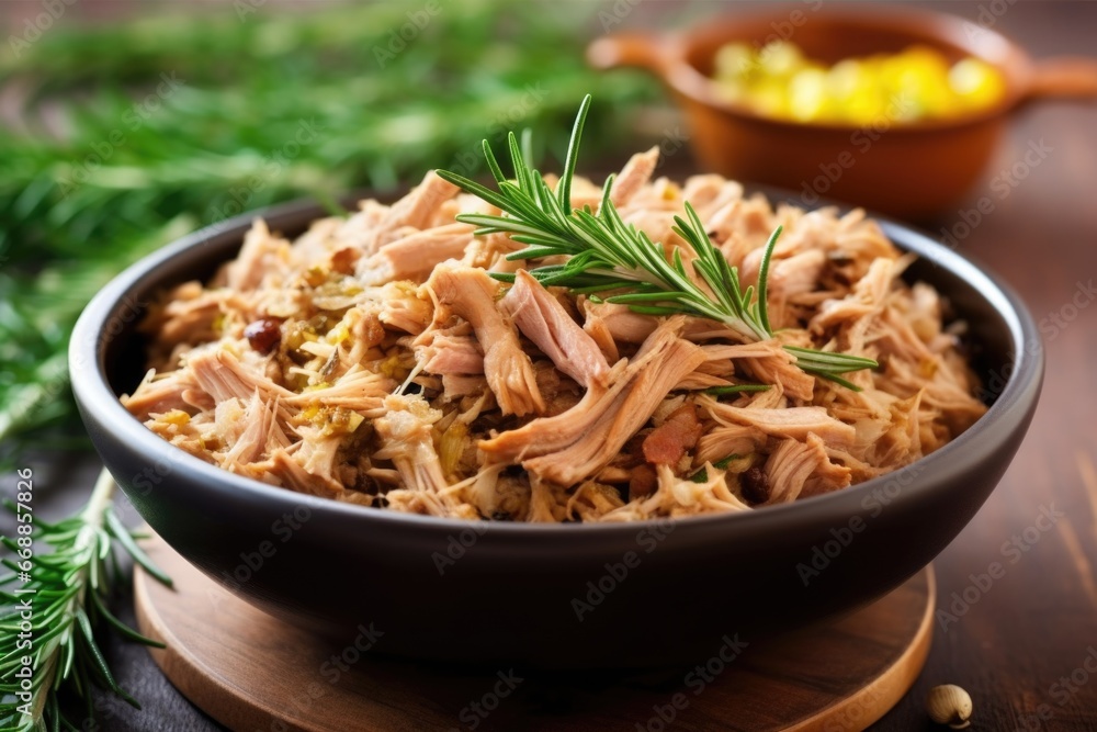 close-up of pulled pork bowl with sprig of rosemary on top