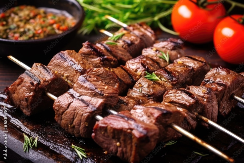perfectly grilled skewers with juicy beef chunks